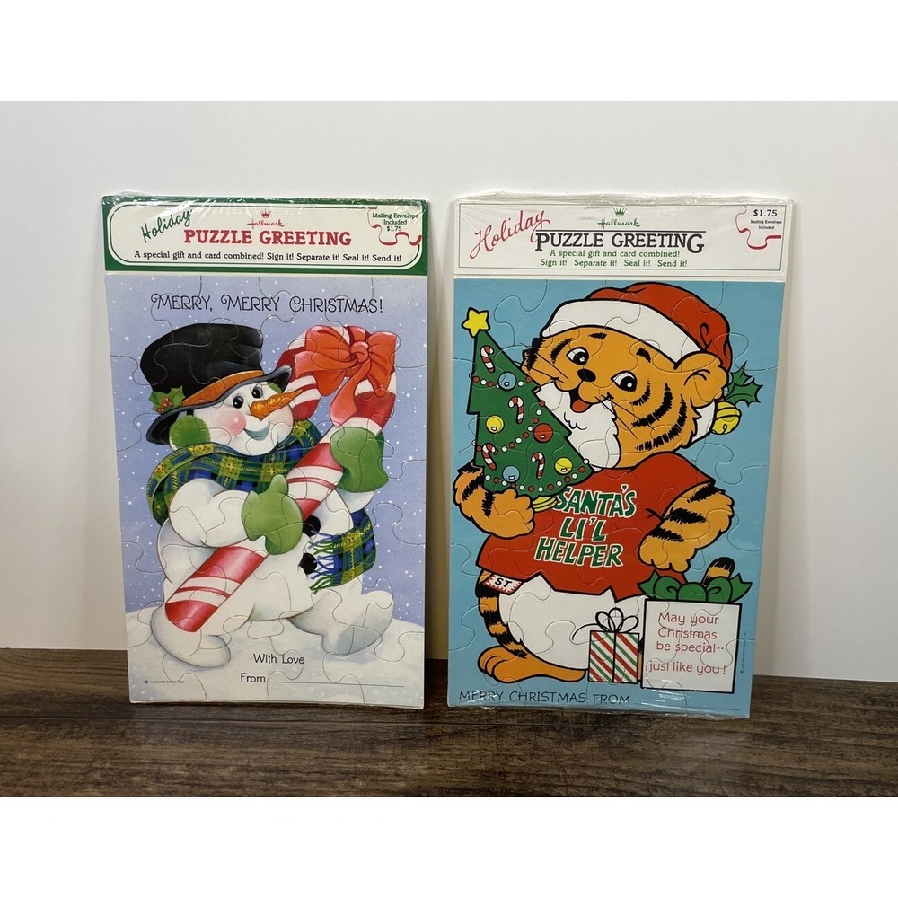 Vintage Hallmark Holiday Puzzle Greetings Snowman Candy Cane & Raccoon Cartoon